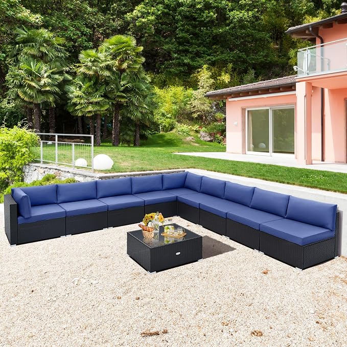 Tangkula 10 Pieces Patio Sofa Set, Outdoor Wicker Conversation Set - Image 4