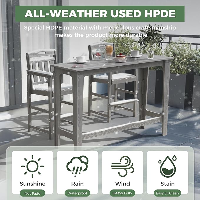 Outdoor Patio Bar Height Table and Tall Adirondack Chairs Set of 2, All-Weather - Image 2