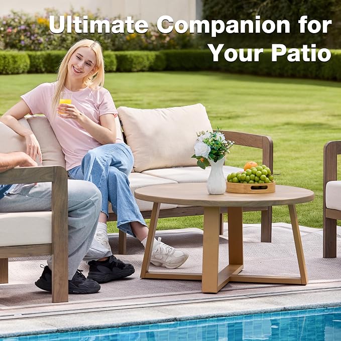 Indoor Round Coffee Table with 35.5” Woodgrain Finish Table Top, Outdoor Metal - Image 5