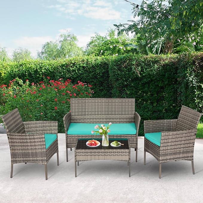 FDW | 4-Piece Patio Furniture Set | Gray & Blue | Outdoor Wicker Furniture - Image 2