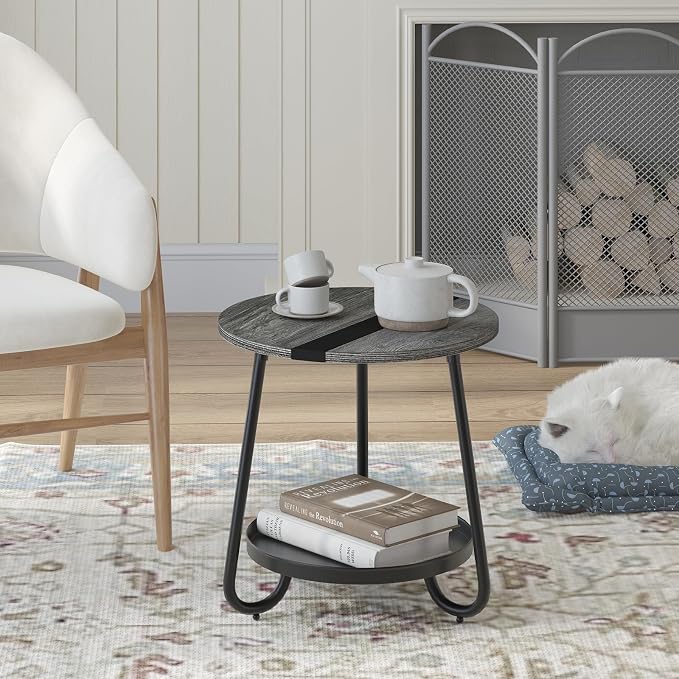 2 Tier Coffee Table in Living Room, Industrial Style Round Coffee Table - Image 4