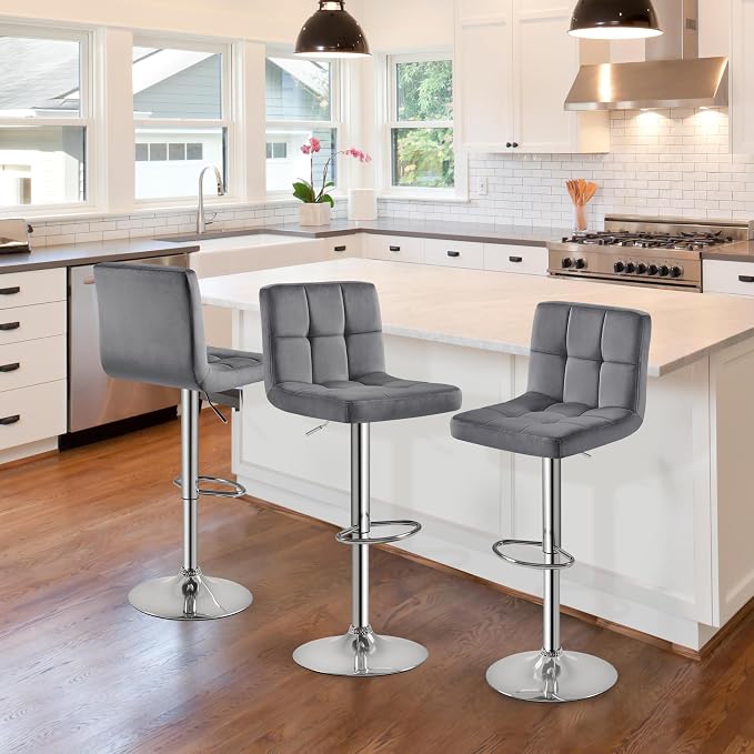 Yaheetech Bar Stools Set of 2, Adjustable Velvet Fabric Swivel Barstools - Image 4