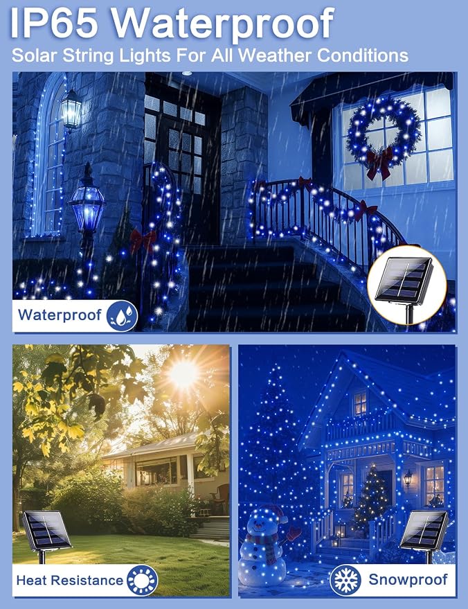 2 Pack Blue and White Solar String Lights Outdoor, 80FT 200 LED Waterproof - Image 3