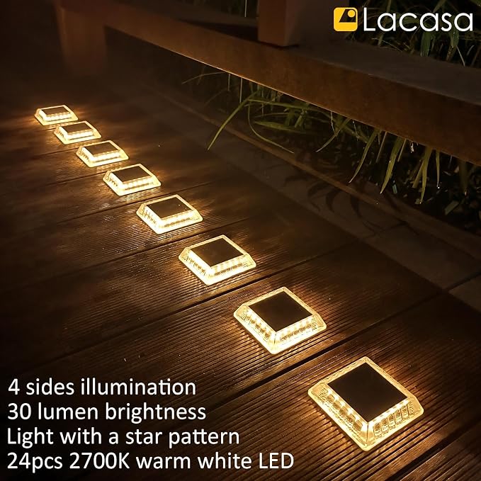 Lacasa Solar Deck Lights, 8 Pack 30LM LED Dock Lights Warm White 2700K - Image 6