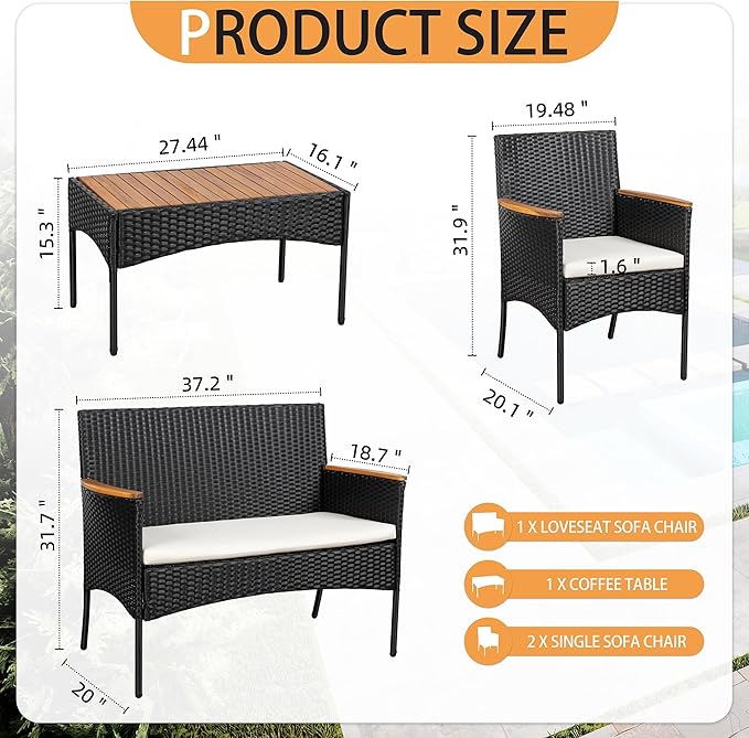 Shintenchi 4-Piece Patio Furniture Set, Outdoor Wicker Patio Conversation - Image 3