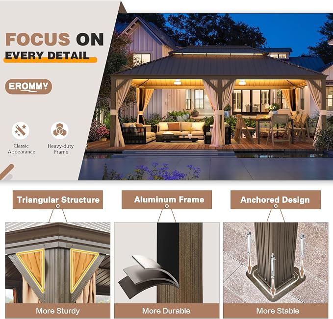 EROMMY 12'x22' Hardtop Gazebo, Galvanized Steel Double Roof Canopy - Image 7