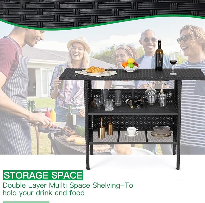 ECOTOUGE Black Wicker Bar Table, Outdoor Patio Console Table Serving Table - Image 5