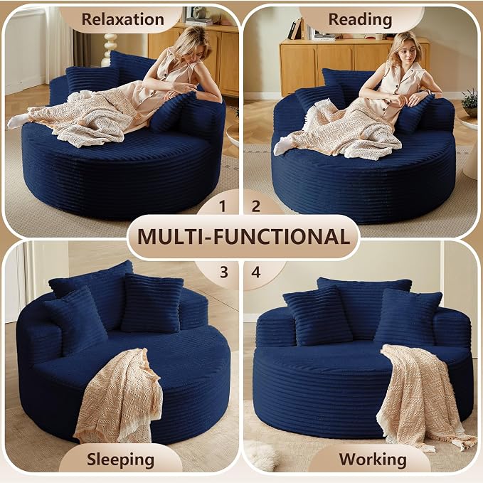 Oversized Round Chair Lounge Chaise Indoor, Upholstered Corduroy Deep Seat - Image 3