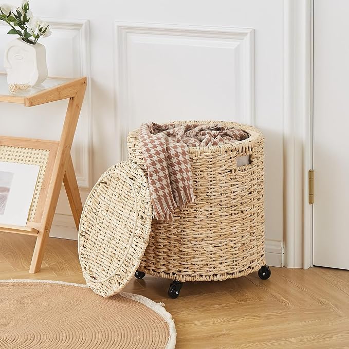 Wimarsbon Round Pouf Ottomans, Handwoven Natural Water Hyacinth Seagrass Pouffe - Image 4