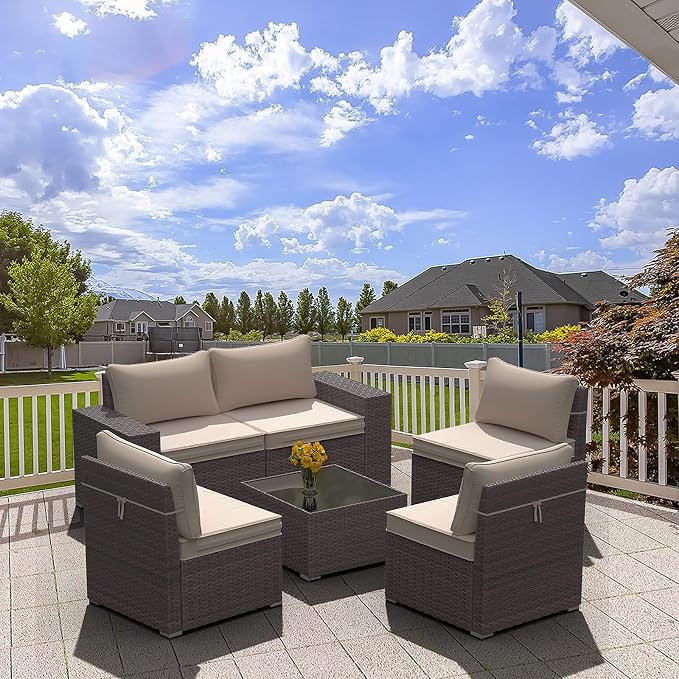 Kullavik Outdoor Patio Furniture Set 6 Pieces Sectional Rattan Sofa Set Brown - Image 8