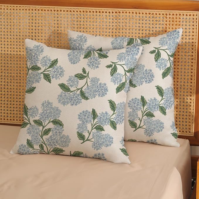 Spring Pillow Covers 18x18 Inch 2 Pcs Blue Green Hydrangea Flower Decor Throw - Image 2