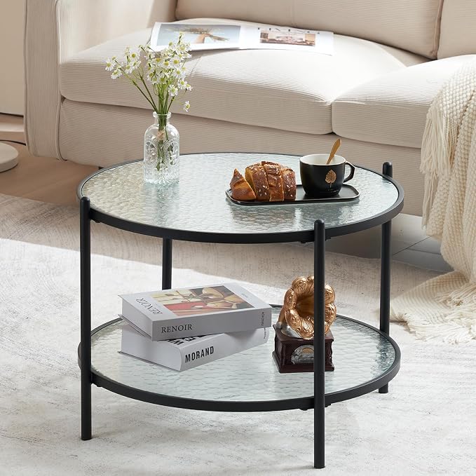 VINGLI 25.6" Small Matte Black Round Coffee Table Water-Wave Glass Circle Clear - Image 7