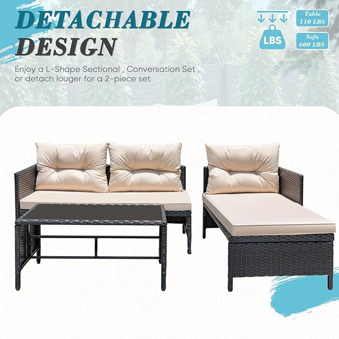 Greesum 3 Piece Patio Furniture Set Outdoor Wicker Rattan Sectional Sofa - Image 5