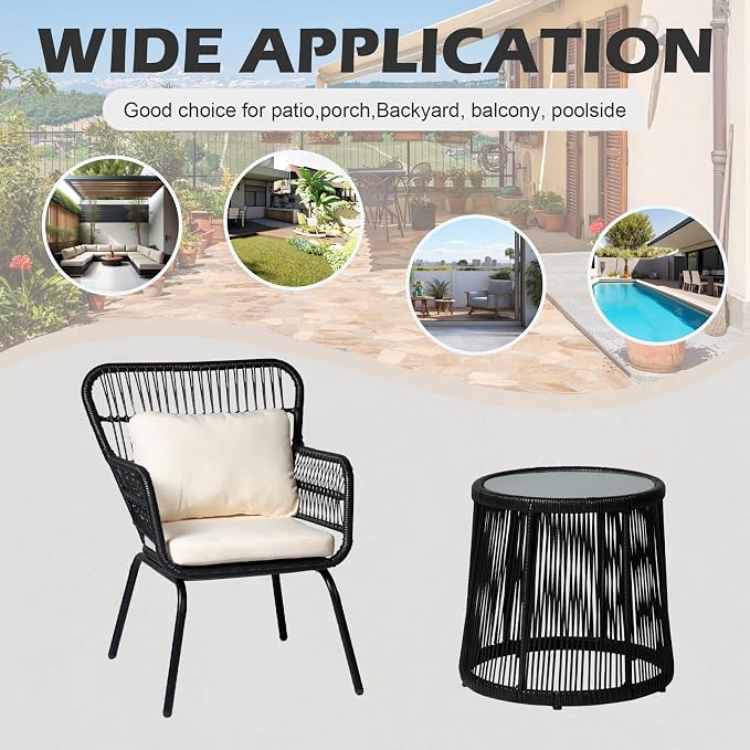 3 Piece Outdoor Wicker Furniture Bistro Set, Rattan Chairs Conversation Sets - Image 6