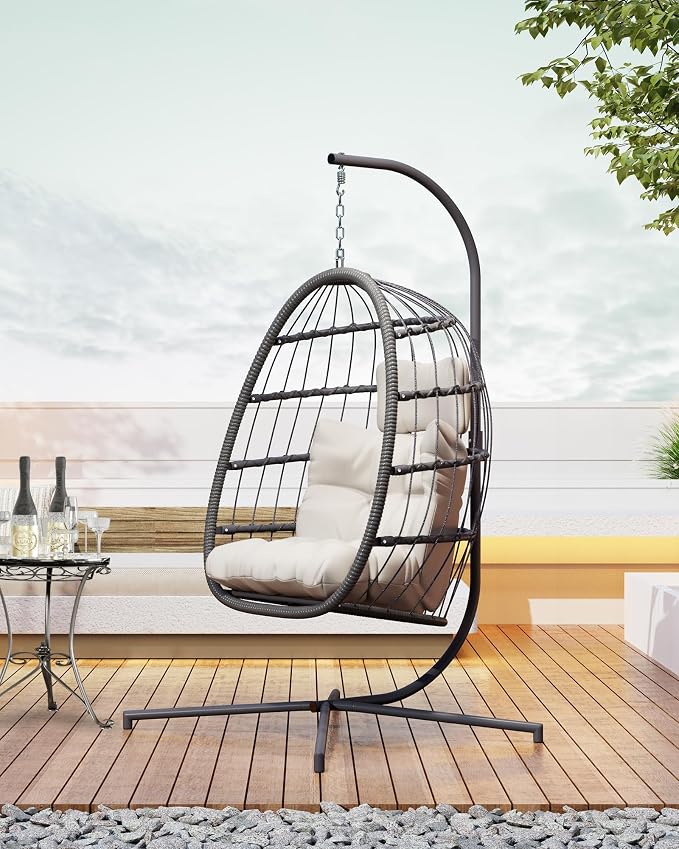 HWB Hanging Egg Chair with Stand, Patio Wicker Egg Swing Chair with Cushion - Image 8