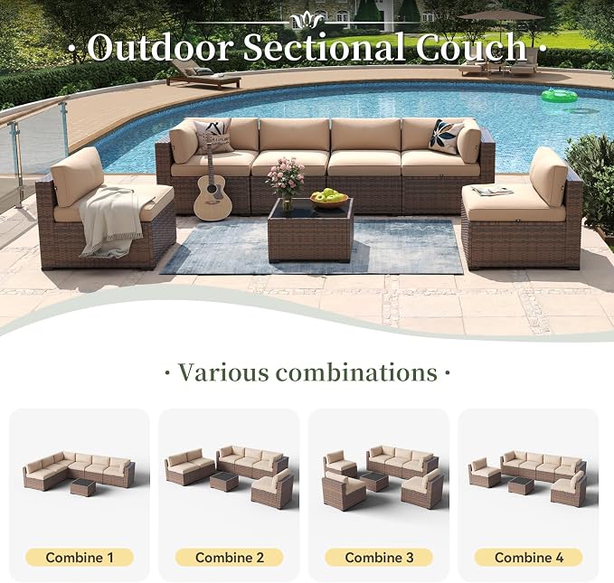 Aoxun 7 Piece Patio Furniture Set Wicker Rattan Patio Conversation Set Outdoor - Image 5