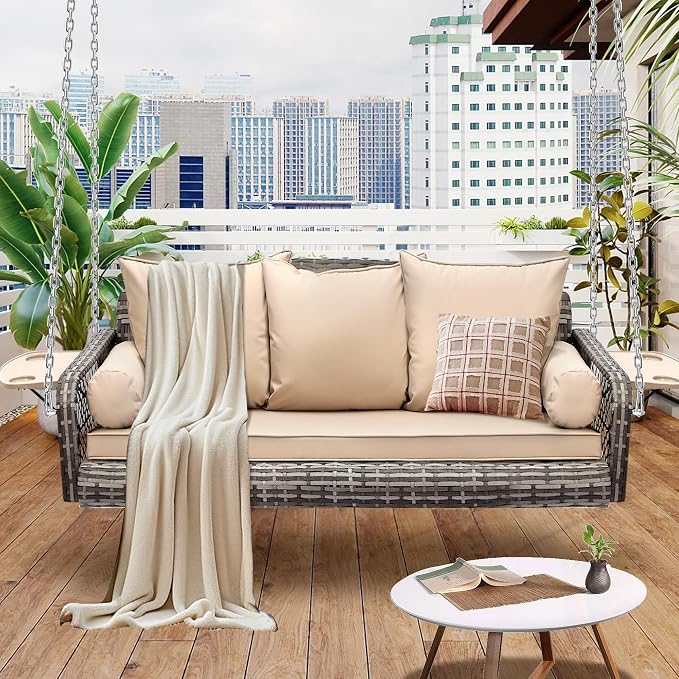 3-Person Hanging Porch Swing, Outdoor Wicker Hanging Swing Chair, 76inch Wicker - Image 6