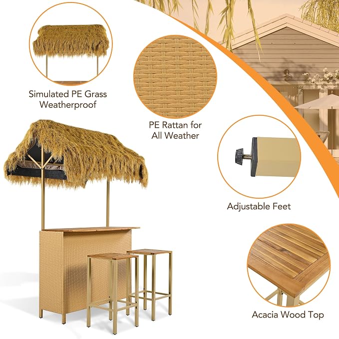 LUMISOL Outdoor Bar Table and Stools, Hawaiian Style Bar Height Patio Set - Image 5