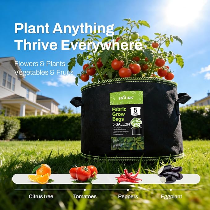 BN-LINK 5-Pack 5 Gallon Grow Bags, Heavy Duty Aeration Fabric Pots - Image 3