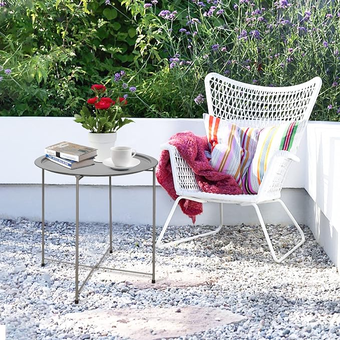 Garden 4 you End Table Metal Side Table Grey Round Folding Tray Cyan Sofa Small - Image 8