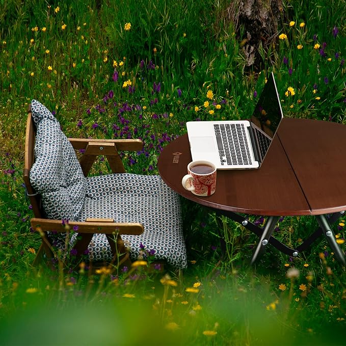 VILLEY Bamboo Round Folding Table, Camping Half-fold Portable Table - Image 2