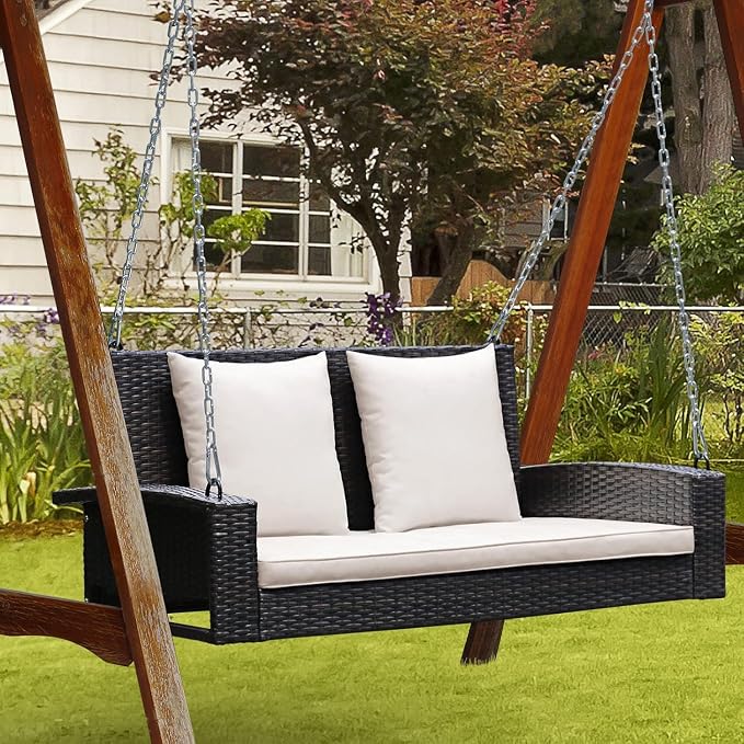 RELAX4LIFE 2-Seat Rattan Porch Swing, Wicker Outdoor Swings w/7.9 Ft Solid - Image 9