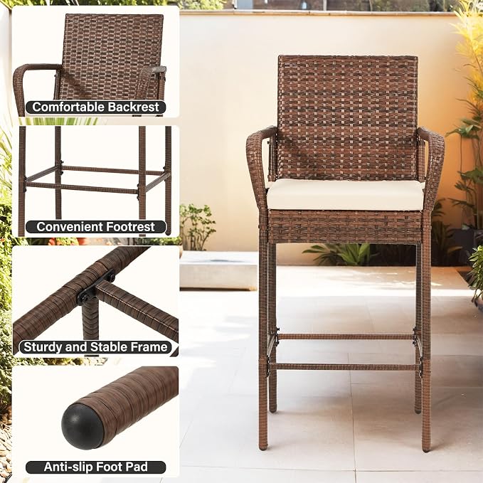 ECOTOUGE Patio Wicker Barstools Set of 2, Outdoor Rattan Bar Height Chairs - Image 6
