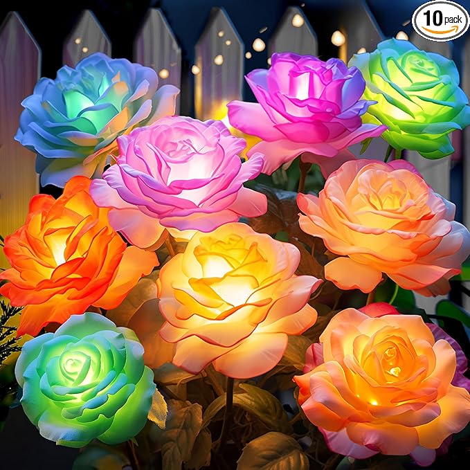 Solar Rose Lights Outdoor: 10 Pack IP65 Waterproof 7-Color Changing LED Flower by NESSTU