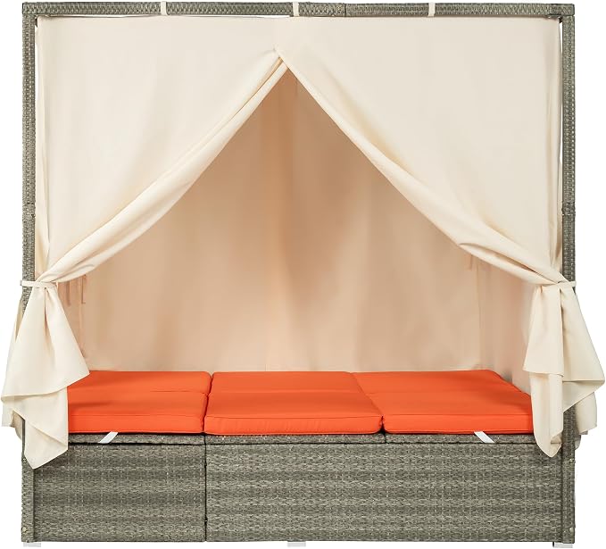 Patio Chaise Lounge, Four-sided Canopy, Overhead Curtain and Orange Cushion - Image 3