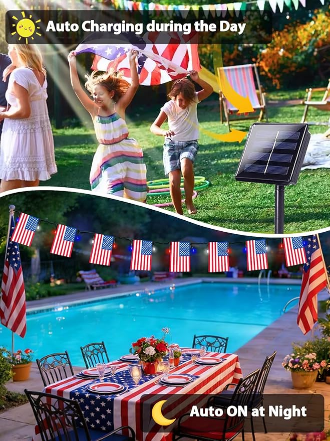 2 Pack 4th of July Decorations, Solar American Flag String Lights Outdoor - Image 4