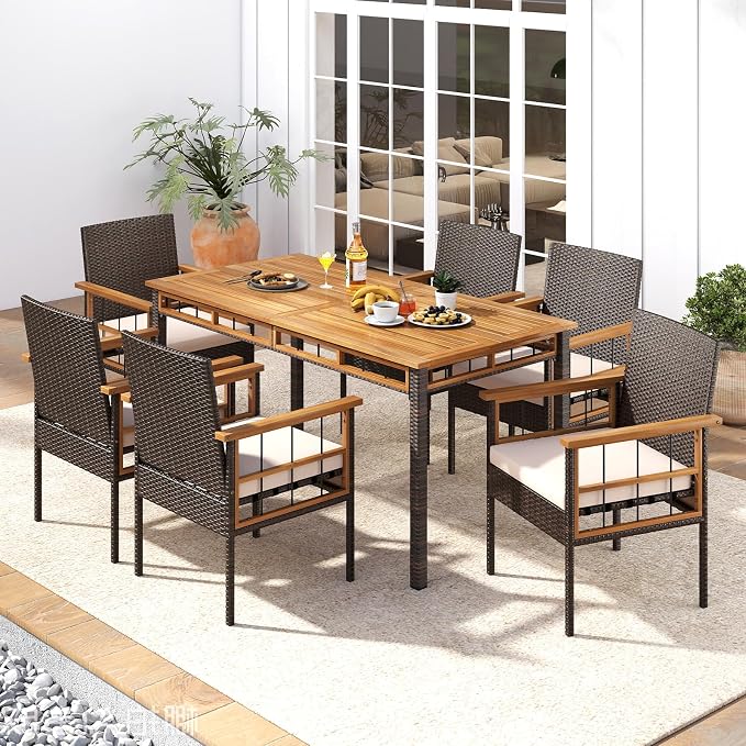 Tangkula 7 Pieces Wicker Patio Dining Set, Outdoor Acacia Wood Rectangular Table - Image 3