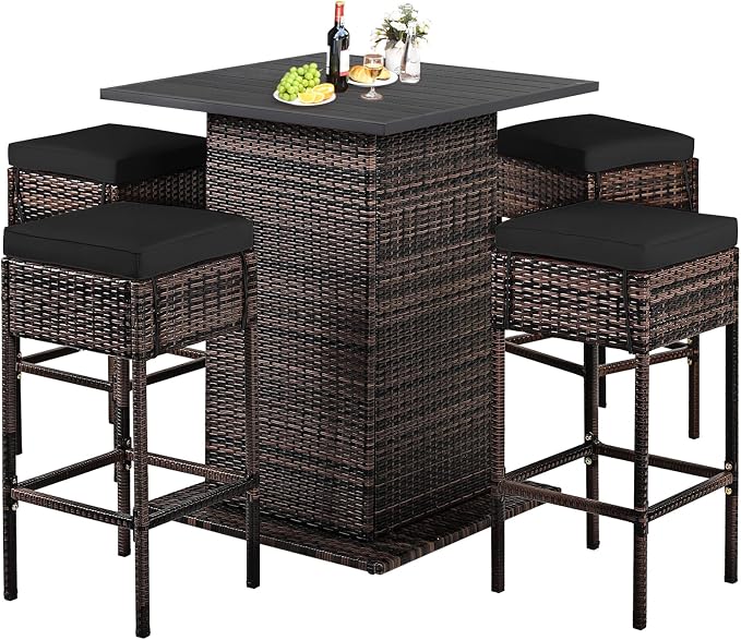 HAPPYGRILL 5 Pieces Rattan Bar Set, Outdoor Wicker Bar Table and 4 Bar Stools by HAPPYGRILL