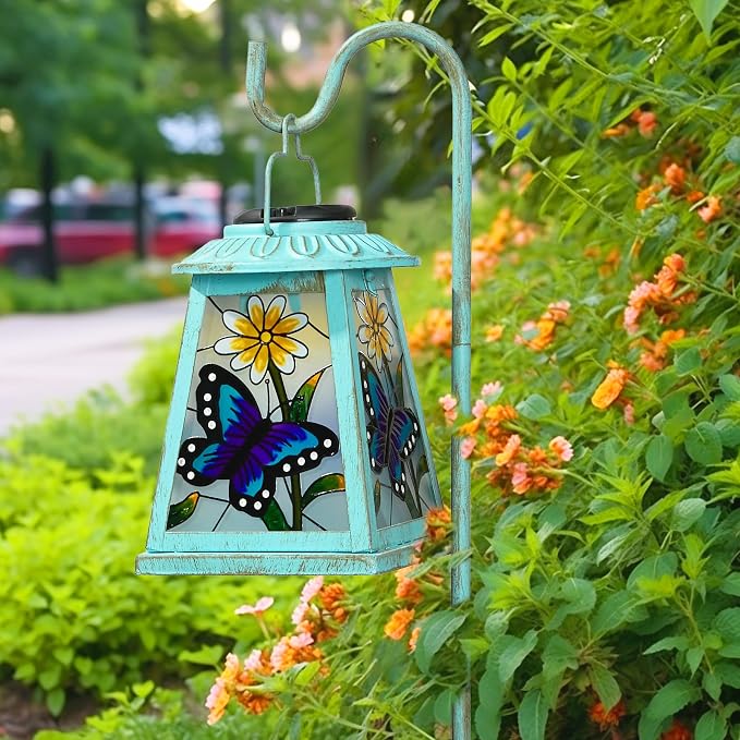Butterfly Solar Lantern with Shepherd Hook, Outdoor Hanging Metal LED Garden by anyperfect