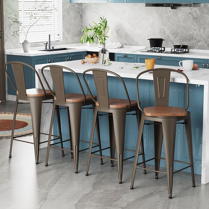 Alunaune 26" Swivel Metal Counter Height Bar Stools Set of 4 High Back - Image 9