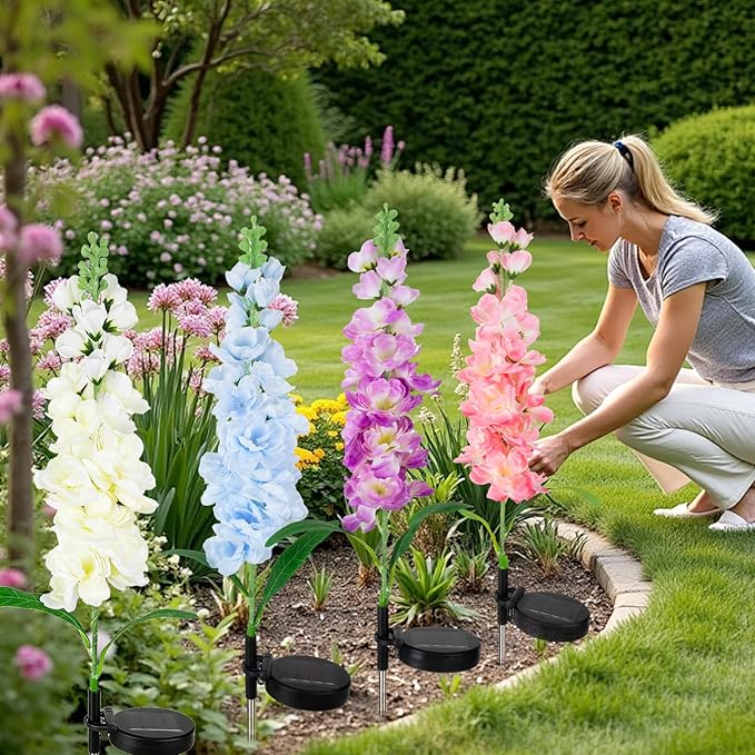 4 Pack Color Changing Solar Lights Outdoor Waterproof, Solar Delphinium Flower - Image 3