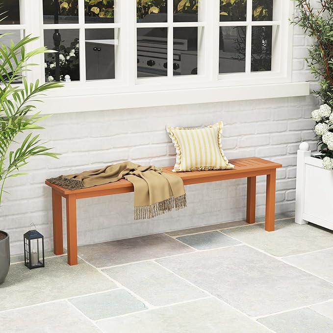 Tangkula Outdoor Wood Bench, 59” Long Patio Dining Bench Set of 2, Backless - Image 4