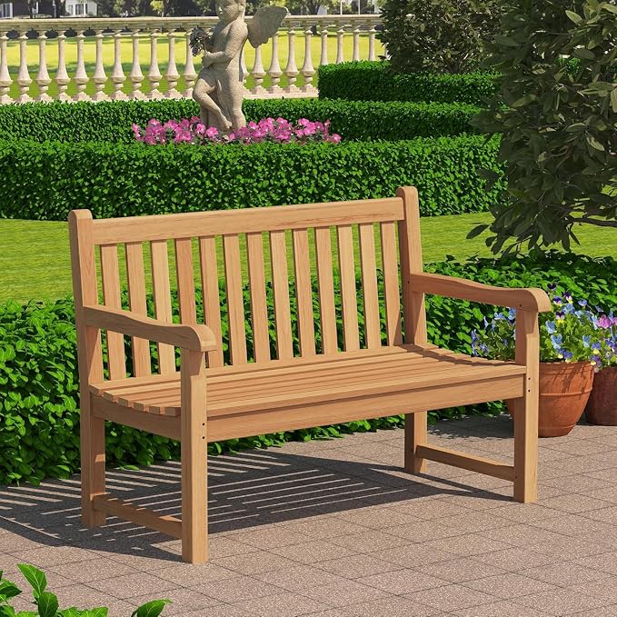 Outdoor Teak Bench, Park Bench for 2 People, Ergonomic Patio Seating, by Unknown
