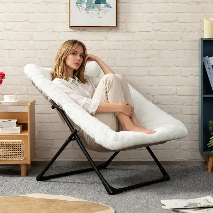 HollyHOME X-Large Saucer Chair, Comfy Oversized Folding Chair, Faux-Fur Reading - Image 2