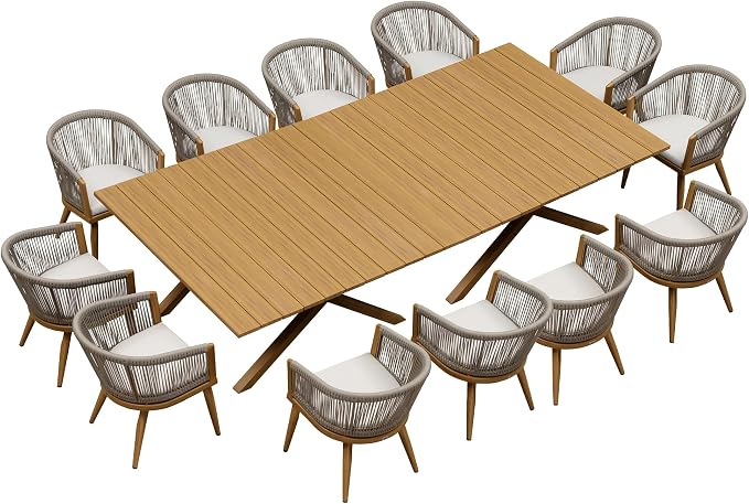 PURPLE LEAF Patio Dining Set for 12 All-Weather Wicker Woodgrain Aluminum 14 by PURPLELEAF