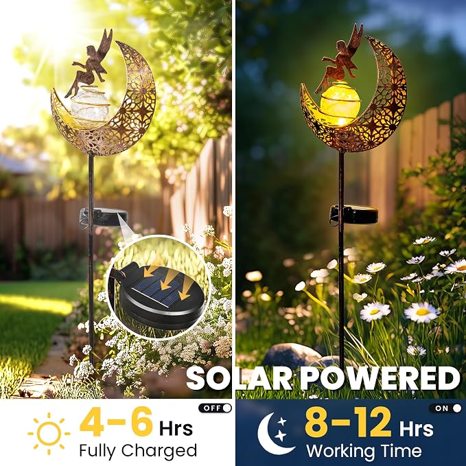 Fairy Garden Solar Lights Outdoor Moon Stakes, Waterproof Outdoor Metal Decor - Image 6