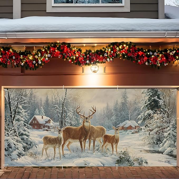 Winter Garage Door Banner 6x13FT, Winter Deer in Snowy Forest - Image 7