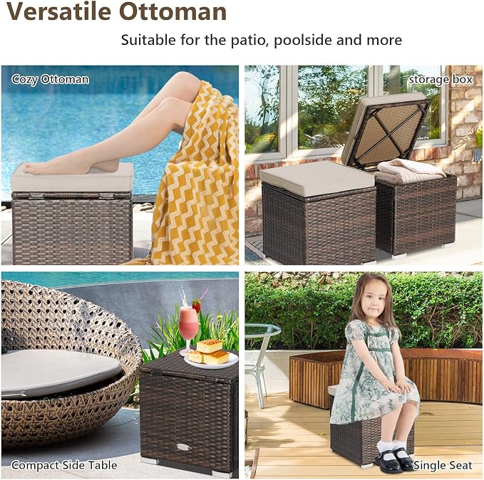 Tangkula 2 Pieces Patio Ottomans, Patiojoy Hand-Woven PE Rattan Side Table - Image 6