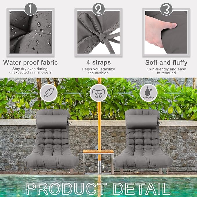 Tudomro 2 Pcs Dark Gray 66'' Outdoor Chaise Lounge Cushion Waterproof Patio - Image 3