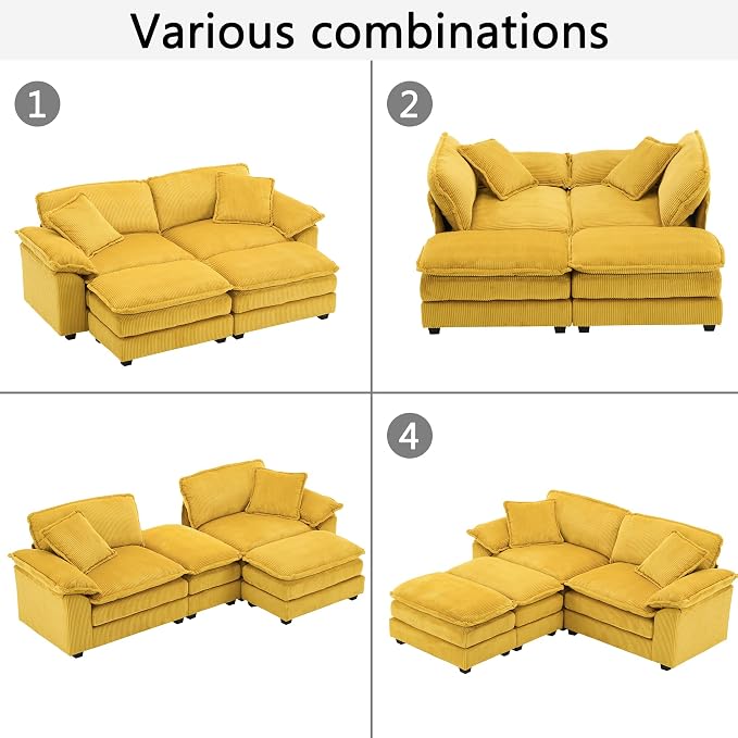 84.6” Corduroy Loveseat with Ottoman, Oversized Double Chaise Lounge Chair - Image 7