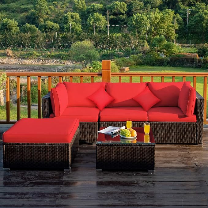 Tangkula 5 Pieces Patio Rattan Furniture Set, Outdoor Sectional Rattan Sofa Set - Image 2
