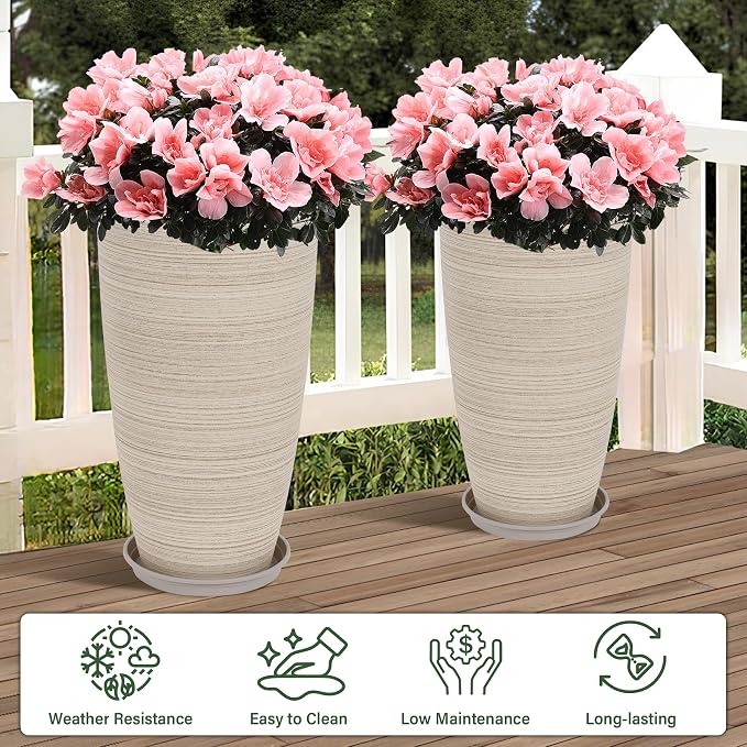 Set of 2 Tall Planter, 21 inch Large Plastic Planter - Image 2