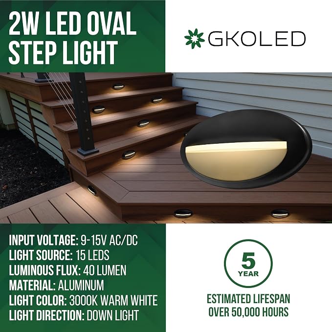 GKOLED 2-Pack Low Voltage LED Oval Stair Lights, Outdoor Riser Step Lights - Image 2
