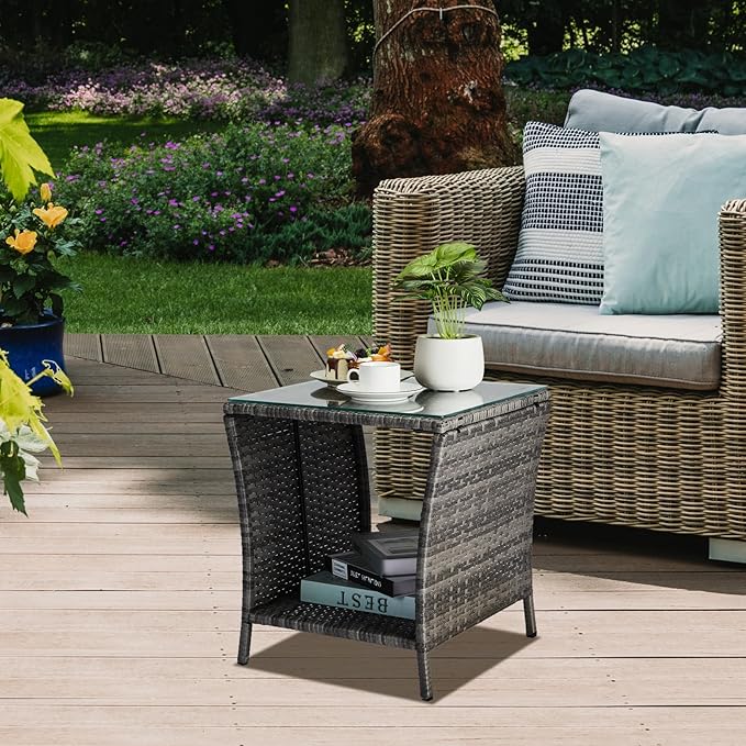 VINGLI Outdoor Wicker Side Table Patio Side Tables - Image 2
