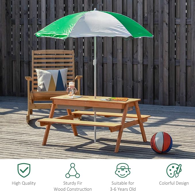 Outsunny Kids 3 in 1 Sand and Water Table, Wooden Outdoor Convertible Picnic - Image 3