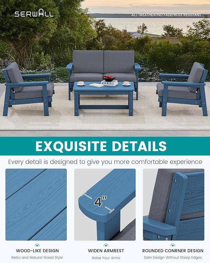 SERWALL 4 Piece HDPE Outdoor Furniture Set, All Weather Wood-Like Outdoor Sofa - Image 4